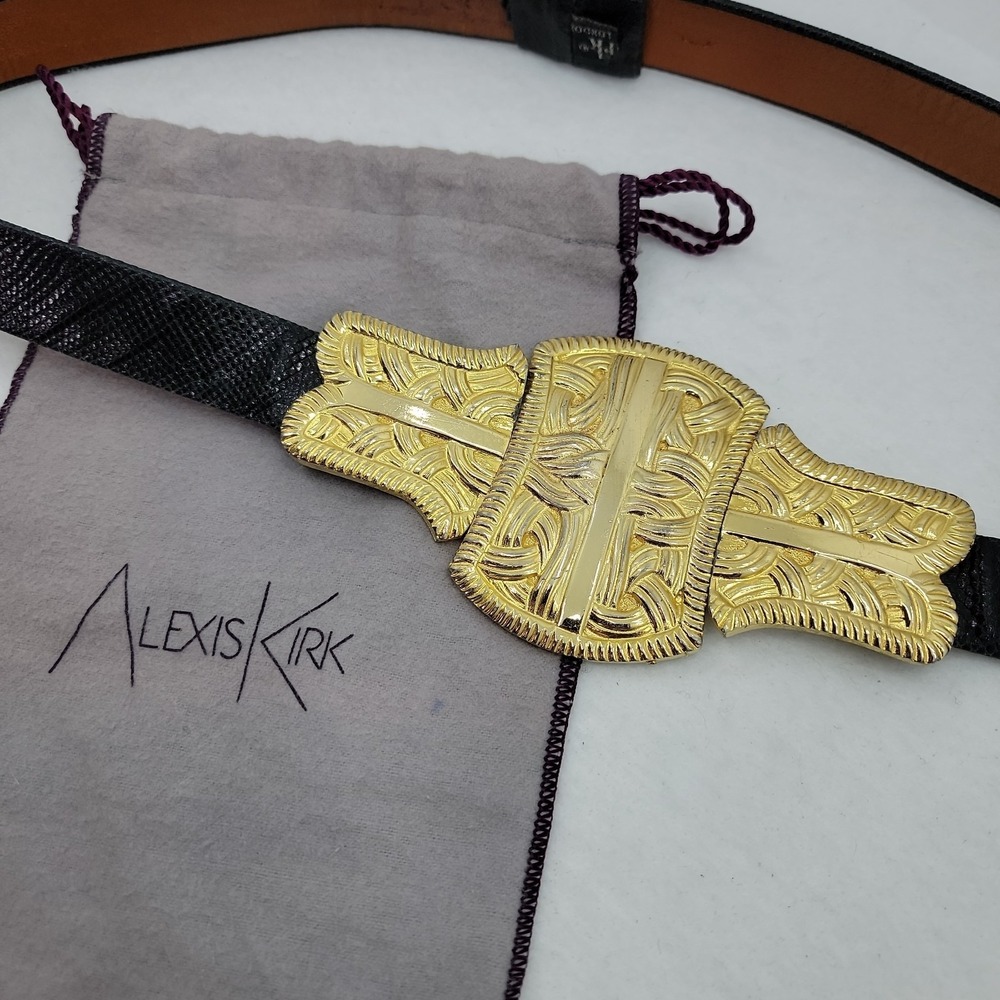 Vtg ALEXIS KIRK Belt Gold Basketweave Buckle Blk Reptile Leather 80s Rare Signed